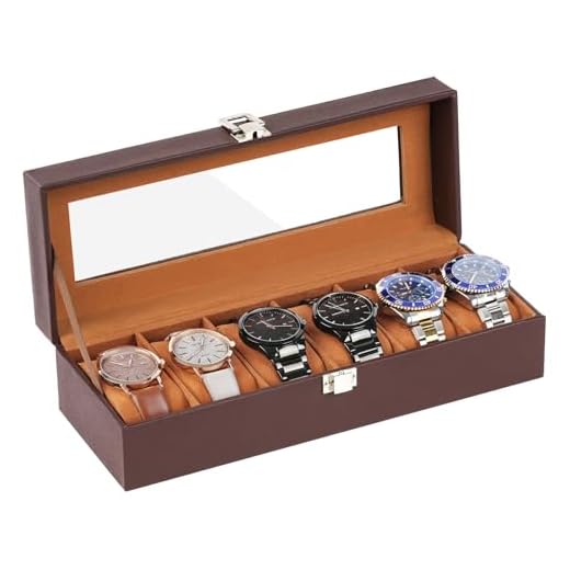OFFCUP Uhrenbox mit 6 Fächern, Uhrenkasten mit Glasdeckel, Uhrenkoffer mit Herausnehmbaren Uhrenkissen, Metallverschluss, Uhrenschatulle aus PU für Schmuck, Ringe, Armbänder und Halsketten, Braun