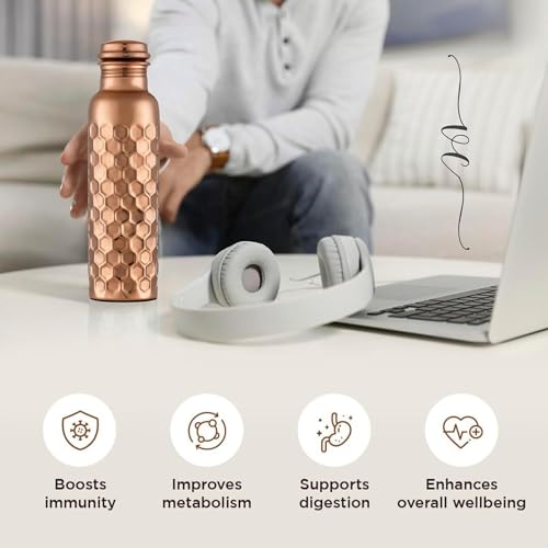 Image of Copper Water Bottle - 32 Oz - Handcrafted Ayurvedic Vessel | Glossy Honeycomb, Jointless Leak-proof, Eco-Friendly, BPA-Free, Handmade Water Bottles for Yoga, Office, Travel