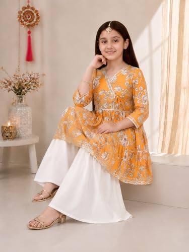 Image of Preneum Girl's Cotton Rayon Floral Printed Angrakha Kurta with Sharara & Dupatta