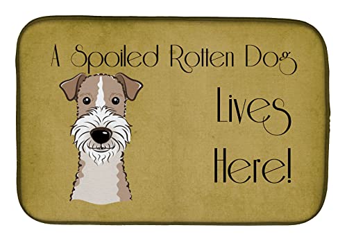 Caroline's Treasures BB1495DDM Wire Haired Fox Terrier Spoiled Dog Lives Here Dish Drying Mat Absorbent Dish Drying Mat Pad for Kitchen Counter Dish Drainer Mat for Countertop, 14 x 21", Multicolor