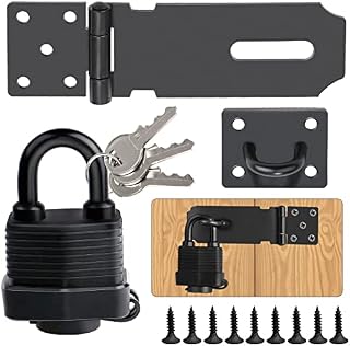 Door Latch Hasp with Door Padlock and Screws Heavy Duty Hasp and Staple with Padlock Stainless Steel Door Lock for Bedroom Garden Windows Shed Garage Cabinet Black