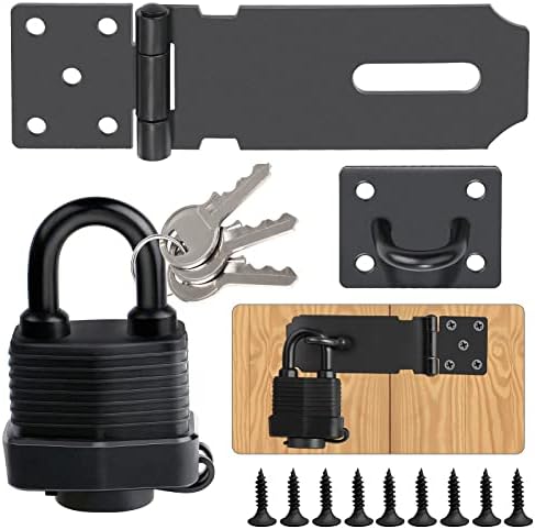 Door Latch Hasp with Door Padlock and Screws Heavy Duty Hasp and Staple with Padlock Stainless Steel Door Lock for Bedroom Garden Windows Shed Garage Cabinet Black