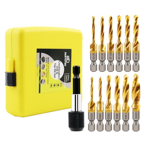 Jeu de forets et de tarauds combinés, outil de taraudage revêtu de titane 13pcs SAE/Métrique Taraud à vis Mèche pour perçage Taraudage, lamage, avec...