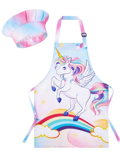 WERNNSAI Kids Aprons and Chef Hat Set Girls Art Aprons Set Child Painting Art Smock Cooking Gardening Painting Smock with Pocket Child Artist Costume Chef Costume Kids Unicorn Outfit