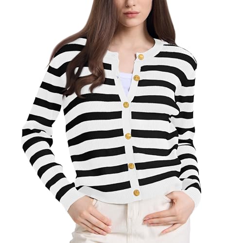 Image of Women's Striped Cardigan Sweaters Lady Jackets Open Front Button Down Cropped Knit Coat Oufits Trendy Outerwear