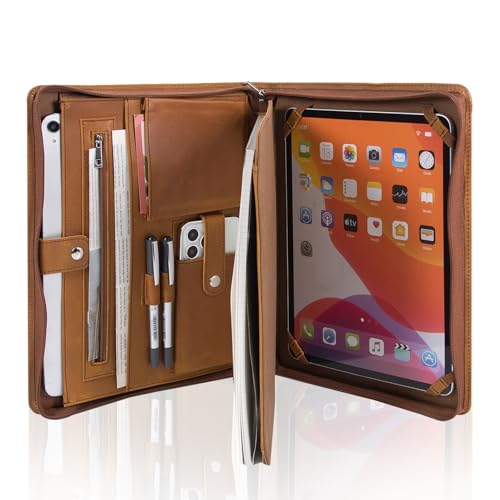 HLO-T-WLD Premium Genuine Leather Vintage Portfolio Holder, Business Zippered Padfolio for A4 Notebook, Tablet Compatible with iPad 12.9