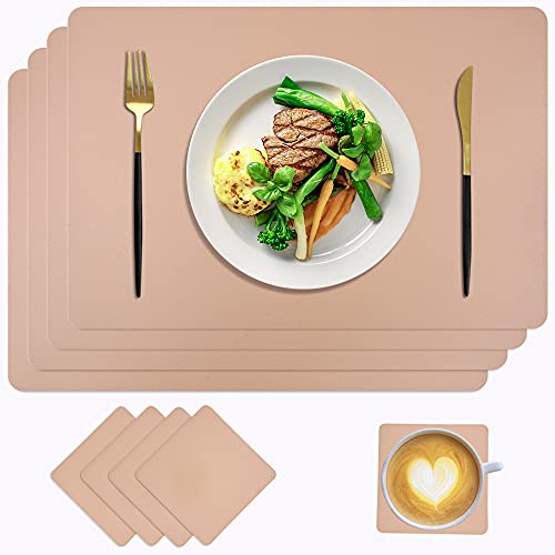 Juego de 4 Mantel Individual Lavables, CLTPY Manteles Individuales y Posavasos de Cuero PU Impermeables, Manteles Individuales Antideslizantes de para Cocina Restaurante Hogar, 43 x 30CM (Rosa Claro) Cover
