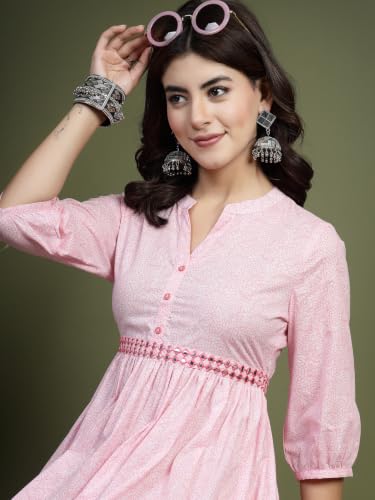 Image of Rama's Women's Printed Cotton One Piece Dress | V-Neck | 3 /4 Sleeves | Empire Waist | Knee Length Casual Dress for Women