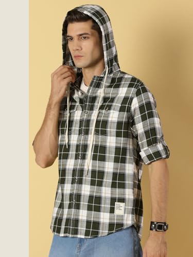 Image of Thomas Scott Men's | Checks | Full Sleeve | Regular Fit | 100% Cotton | Hooded | Casual Shirt