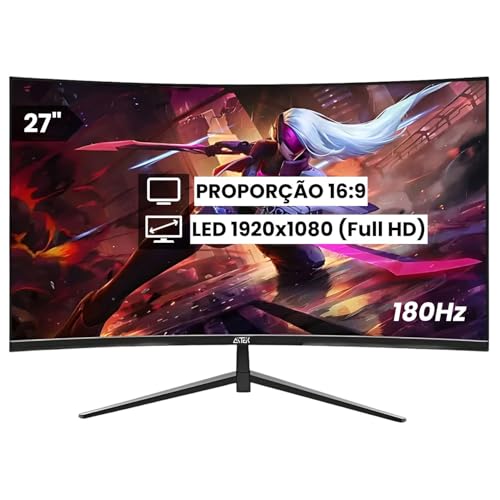 Monitor Curvo Gamer 27" 180Hz 1ms Full HD Freesync G-Sync com Conexões HDMI, DisplayPort e Suporte VESA 100x100mm