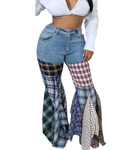 Sexyshine Women's High Waist Plaid Patchwork Bell Bottom Jeans Straight Wide Leg Flared Ruffle Hem Denim Long Pants