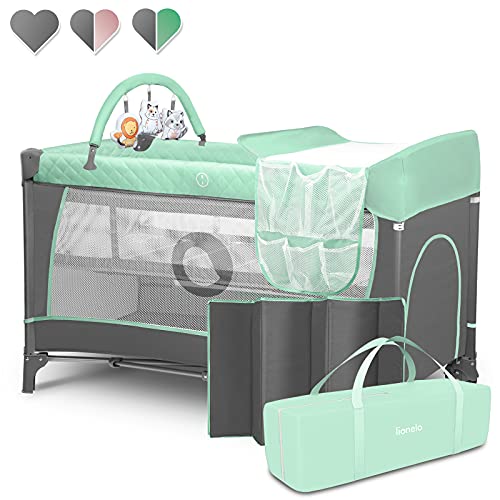 Lionelo Flower Camita de viaje 2 en 1 65 x 125 x 76 cm Para nios hasta 15 kg Colchn Organizador Cambiador Toy bar Juguetes interactivos 2 Reudas Compacta Bolsa para transportar Turquesa y Gris