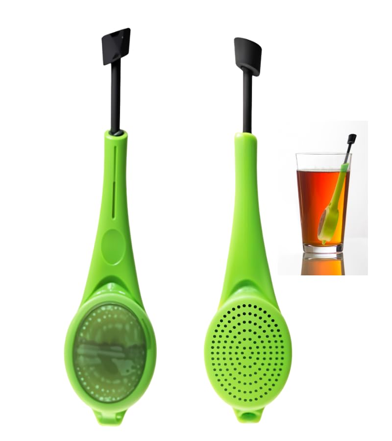 SweYone Long-Handled Tea Filters Plastic Tea Infuser Fine Mesh with Built-in Plunger Reusable Two Sides Strainers for Loose Tea/Tea Bag/Herbal/Spice Portable Teaware Accessories, Green-1 Pack