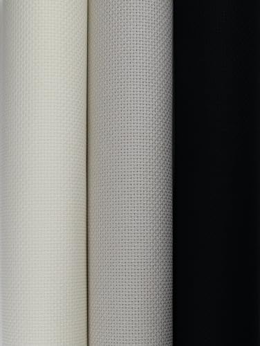 Image of KCS 3 pc of 15 inch x 18 inch(38cmx45cm) Counted Cross Stitch Cotton Aida Cloth Needlework Rolled Fabric Box,14CT,Antique White+Pearl Grey+Black