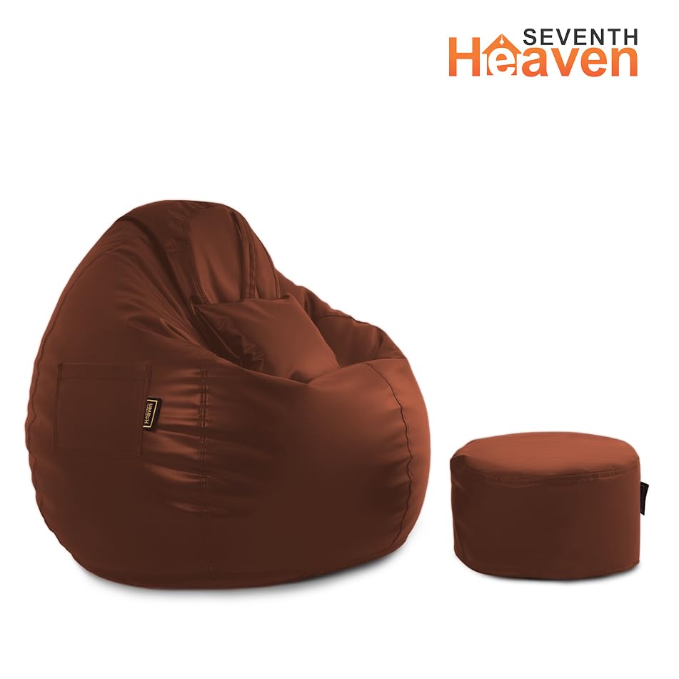 Image of Seventh Heaven 4XL Bean Bag Cover with Footrest and Cushion | Premium Scratch Resistant Leatherette | Tear Drop Bean Bag Sofa | Tan Leatherette Fabric