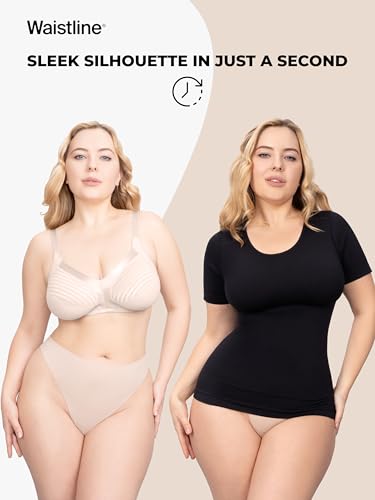 WAISTLINE Women's Compression Seamless T-Shirt - Short Sleeve Body Shaping & Tummy Control Tee - Scoop Neck T Shirt