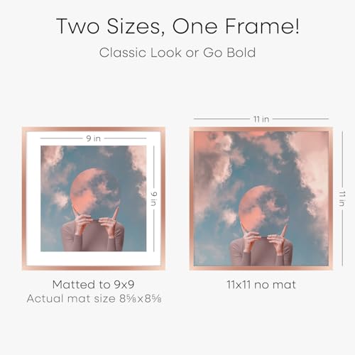 Image of Homeforia 11x11 Rose Picture Frame, High-End Metal, 9x9 Mat, Glass | High End Aluminum, Tempered Glass, Acid-Free 9x9 Removable Mat, 11x11 in Edge-to-Edge Display 11x11, Wall Kit, Set Of 2