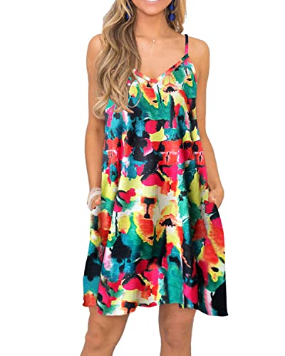 Image of Women's Summer Spaghetti Strap Casual Swing Tank Beach Cover Up Dress with Pockets