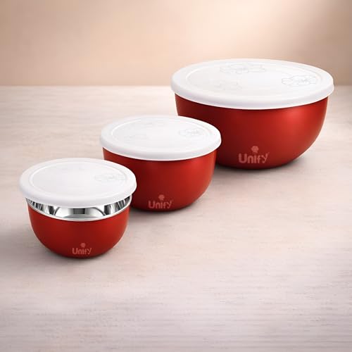 Image of Unify 3 Pieces Stainless Steel Bowl Set with Lid (1100ml, 750ml, 550ml) | Food Grade Steel Mixing & Storage Bowls | Multipurpose Kitchen Container for Dal, Sabzi, Curd & Leftovers
