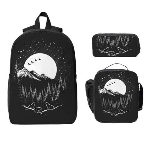Wolf Backpacks 3 Pcs Fashion Casual Backpack with Fun Graphic Cartoon Print for Outdoor Hiking and Travel