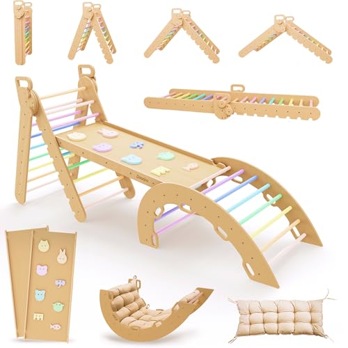 Duanico Großes 9in1 Kinder & Baby Kletterdreieck aus Holz, verstellbar in 5 Winkeln, Rutsche Wippe, Kletterbogen Kissen, Montessori Kletter Spielzeug für Kinder 1–7 Jahre, Klettergerüst Indoor