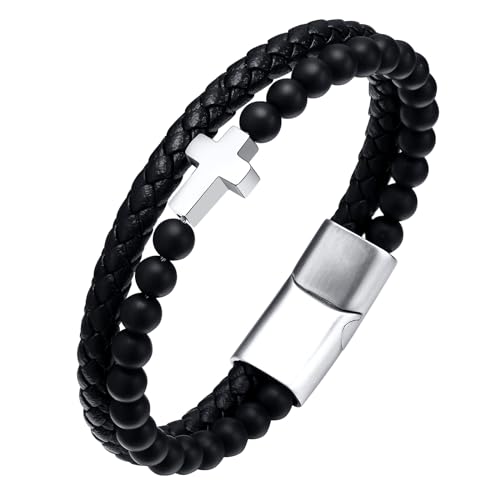 Hisatan Mens Cross Bead Braided Genuine Leather Bracelet cover
