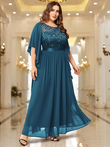 Image of Miusol Women's Plus Size Sequin Lace with Ruffle Cape Cloak Sleeves Elegant Evening Gown Wedding Guest Maxi Dress