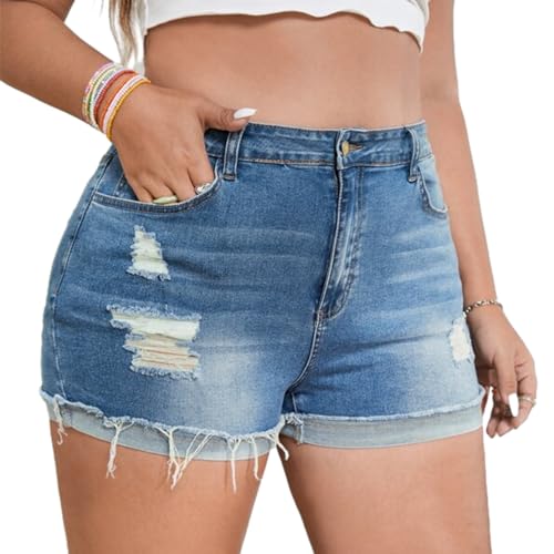 MapleHub Plus Size Denim Shorts Women High Waisted Ripped Folded Hem Jean Shorts