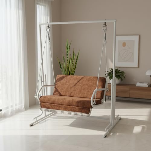 Image of Jhula with Stand for Adults - Powder-Coated Metal Swing for Home, Living Room, Balcony & Terrace (White, 2 Seater)