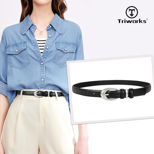 Image of TRIWORKS 2 Pack Women Leather Belt for Jeans Pants Fashion Ladies Faux Leather Belt with Gold Buckle