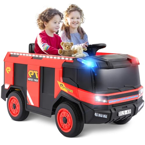 Arlopu 12V Ride On Fire Truck, Electric Vehicle Ride on Car for Kids, 4 Wheel Toddler Car w/Remote Control, Spring Suspension, Bluetooth, Loudspeaker, Water Gun, Lights, Siren for Boys (Red)