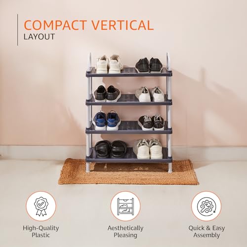Image of Amazon Basics Multipurpose Plastic Shoe Rack | Durable, Space-Saving & Easy to Assemble | Portable Shoe Organizer | Grey (Large, 65.7 cm x 27.5 cm x 83 cm)