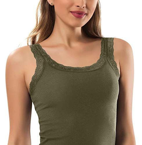 Lace Camisole Tank Tops for Women, Durable Comfy Soft Stretch Cotton Basic Cami (Army Green, Medium)