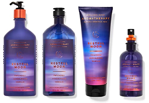 Bath & Body Works Aromatherapy RESTFUL MOON Patchouli, Sandalwood, Vanilla - Deluxe Gift Set - Body Lotion - Body Cream - Essential Oil Mist and Body wash + Foam Bath - Full Size Bath & Body Works Aromatherapy RESTFUL MOON Patchouli, Sandalwood, Vanilla - Deluxe Gift Set - Body Lotion - Body Cream - Essential Oil Mist and Body wash + Foam Bath - Full Size