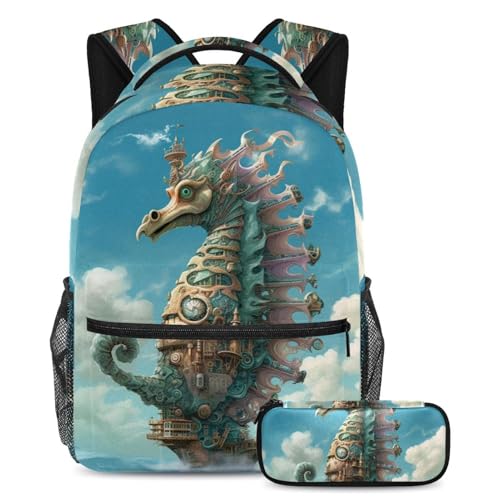 Sac à dos voyage étudiant motif hippocampe bleu paysage marin grand sac à livres avec trousse