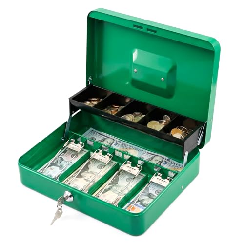 Image of KYODOLED Locking Cash Box with Lock,Money Box with Cash Tray,Lock Safe Box with Key,Money Saving Organizer,11.81Lx 9.45Wx 3.54H Inches,Green XL Large