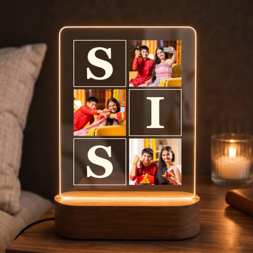 Image of Giftplease Personalised Photo Acrylic Frame with Wooden LED Base - Custom Picture Desk Display, Collage & Initials Text, Unique Raksha Bandhan Gift for Sister, Anniversary & Birthday Keepsake Decor