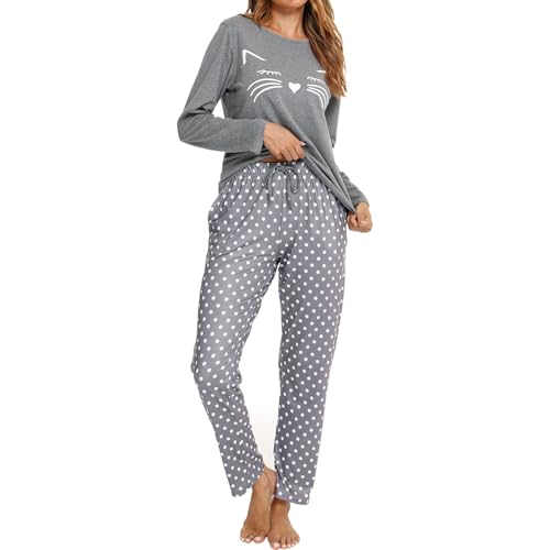 TeJoyce Pijama Mujer Largo Algodon Invierno，Dos Piezas Ropa de Dormir, Conjunto Camiseta Manga Larga de Gatos y Pantalones con Bolsillos de Puntos, Suave y Cómodo Ropa de Casa (Gris, M)