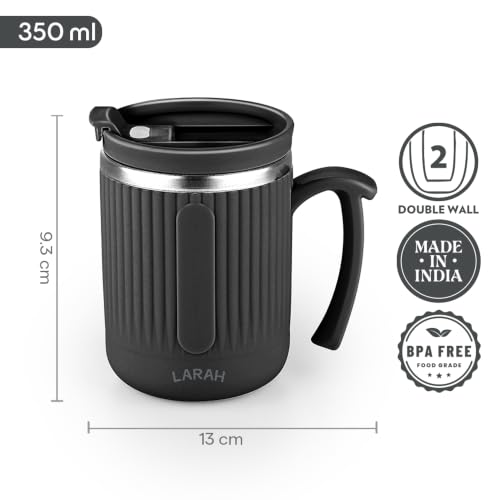 Image of Larah by BOROSIL 350 ml FlipSip Coffee Mug, Flip Lid, Steel Inner (Black)