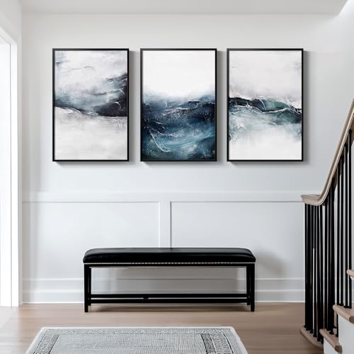 Framed Abstract Ocean Wall Art, Large 3 Piece Canvas Print Set for Living Room, Ink Blue Seascape Artwork for Bedroom, Ocean Wave Painting Pictures Wall Decor for Home Office Dining Room 16x24 Inch - Image 4