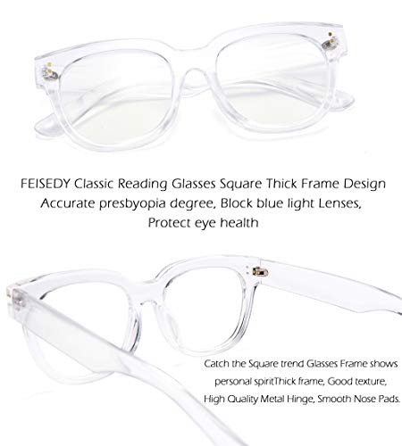 Image of FEISEDY Retro Square Thick Big Frame Blue Light Blocking Reading Glasses Anti Glare Digital Eyestrain Reader B2523 Clear 1.25x