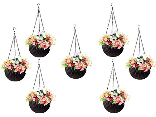 Image of Go Hooked Plastic Hanging Pot, Brown, Pot Diameter -7.1 Inch, Pot Height -4.8 Inch, Pot Thickness-3 mm, Chain Length-13 inch Approx., 7 Pieces, Dark Brown (RATTANDBRWN-7PCS)