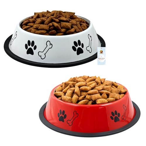 Image of Foodie Puppies Stainless Steel Dog Bowl Combo - (Medium, 700ml) Food and Water Feeding Gift Bowl | Suitable for Dogs, Cats and Other Pets I Paw Bone Print, Anti-Skid Rubber Base (White + Red)