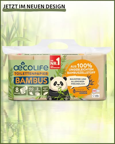 œcolife Toilettenpapier Bambus, 56 Rollen à 150 Blatt, 3-lagig, superweich, von Dermatest geprüft, nachhaltiges Klopapier, sanft zur Haut, beiges Papier