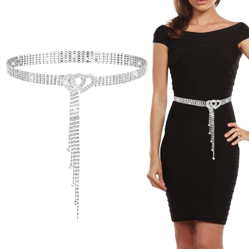 Irikdescia Glitzer Damen Taillengürtel, Strass Kettengürtel Silber, Breiter Gürtel für Kleider, Herzförmige Schnalle, Glitzergürtel für Abendkleid, Rhinestone Belt