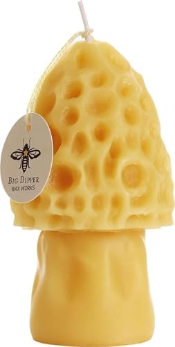 Big Dipper Wax Works Beeswax Morel Mushroom Candle – Artisan Handmade, Unscented – 100% Pure Beeswax with Cotton Wick – 20-Hour Burn – Rustic Woodland Décor Gift