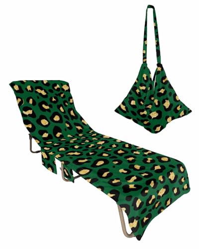 St. Patrick's Day Beach Lounge Chair Towel Cover, Soft Chaise Lounge Towel with Side Pockets Patio Pool Chairs Cover for Beach/Pool Sunbathing 29x85 Green Leopard Saint Patrick's Day