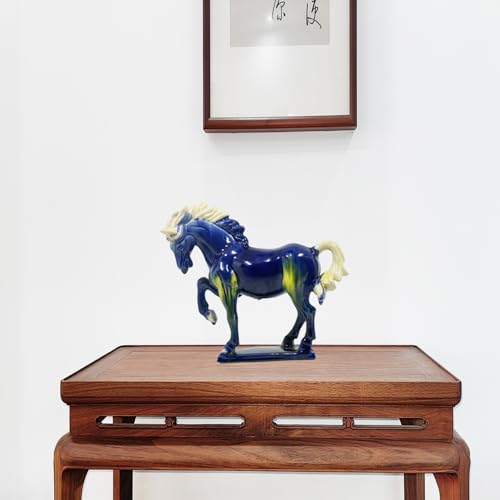 Ceramic Horse Sculpture -8 inch Hand Made Tri-Color Cultural Art Piece,Museum Collection Inspired Home and Office Decor (Blue)
