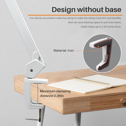 Image of 24-Inch LED Architect Desk Lamp with Clamp, 30W 2300LM, White | 180 SMD LEDs with reinforced dual metal arms deliver eye-caring lighting and 5 brightness levels for drafting and reading