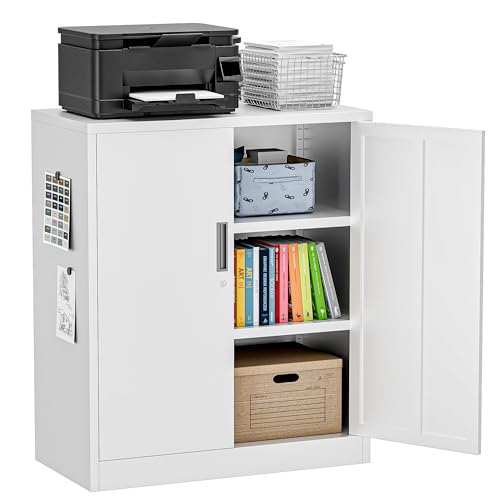 Metal Garage Storage Cabinets,36" Steel File Cabinet with 2 Adjustable Shelves, Lockable Storage Cabinets for Office, Home, Garage, Warehouse 36.2" H x 31.5" W x 15.7" D (White)
